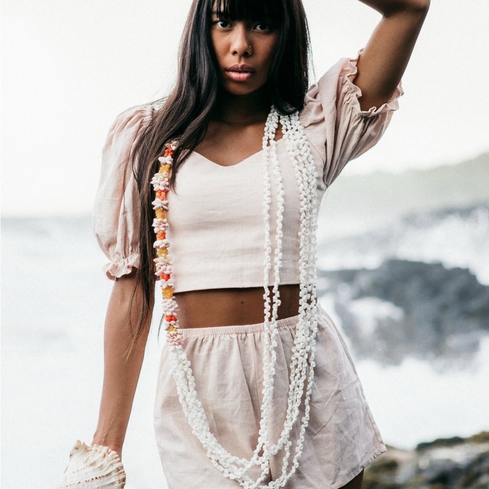 Pink Puff Sleeve Crop Top and Shorts Linen Set - Alohiwai